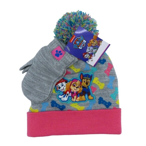 Paw Patrol Toddler Girls 2T-5T Patch Pom Pom Hat Mittens Nickelodeon Winter NEW - Picture 1 of 6